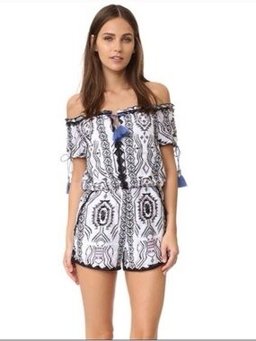 SAYLOR Remy Embroidered Off-Shoulder Romper with Blue Tassels
